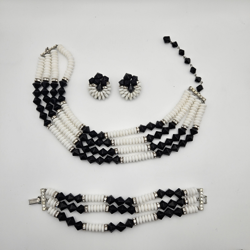 Vintage Milk And Black Glass Multi Strand Choker Necklace, Bracelet, Earring Set